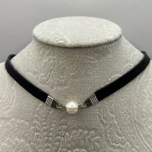 Faux Pearl floats on a Brown Leather Necklace. Choker 70’s vibe Silver Tone